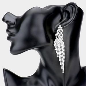 Fringe Silver Rhinestone Dangle Earrings 3.25" Tassel Formal Statement Accessory